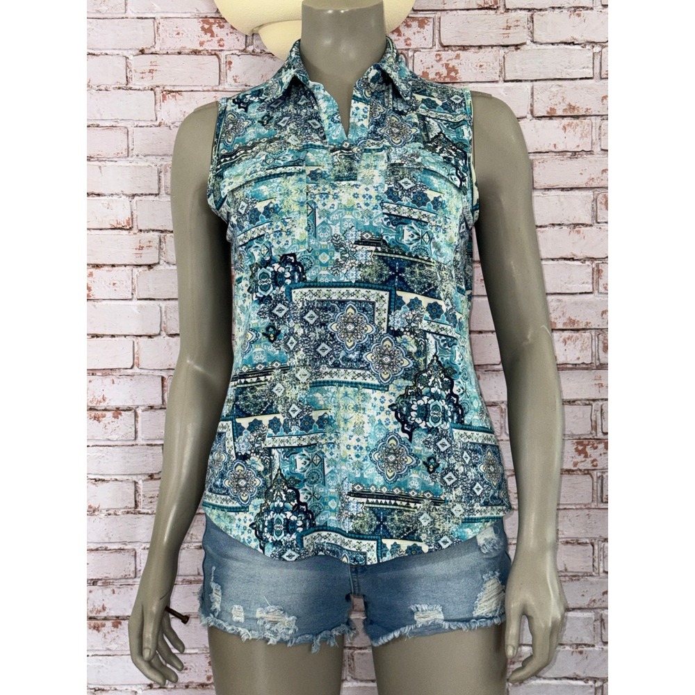 Knapp Studio Womens Sleeveless Blouse Teal Blue Patchwork Paisley Print Medium